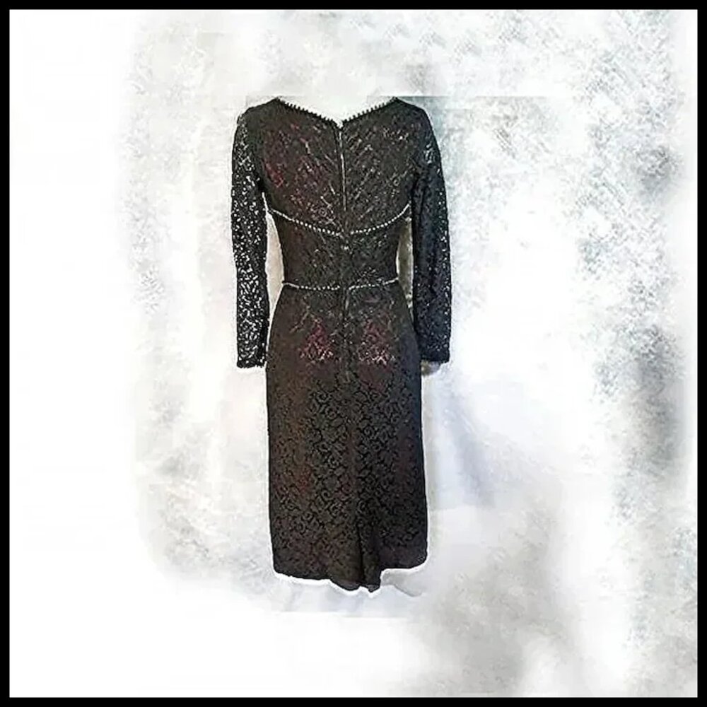 Vintage Little Black Lace Sheath Long Sleeve Cocktail Dress ~ VFG ~OOAK - Picture 4 of 13